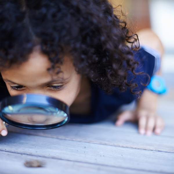 A child with magnifying glass. Tips for bug hunting with kids. 