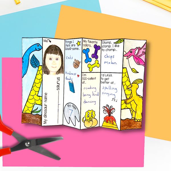 Dinosaur PDF all about me foldable activity for back to school.