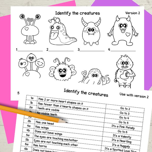 Valentine's Day science identify the monsters worksheets